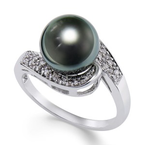 Cultured Tahitian Black (9mm) and (1/10ct. t.w.) Swirl Ring in 14k White Gold