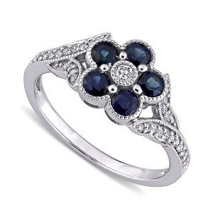 Sapphire (4/5 ct. t.w.) & (1/6 ct. t.w.) Flower Ring in 10k White Gold